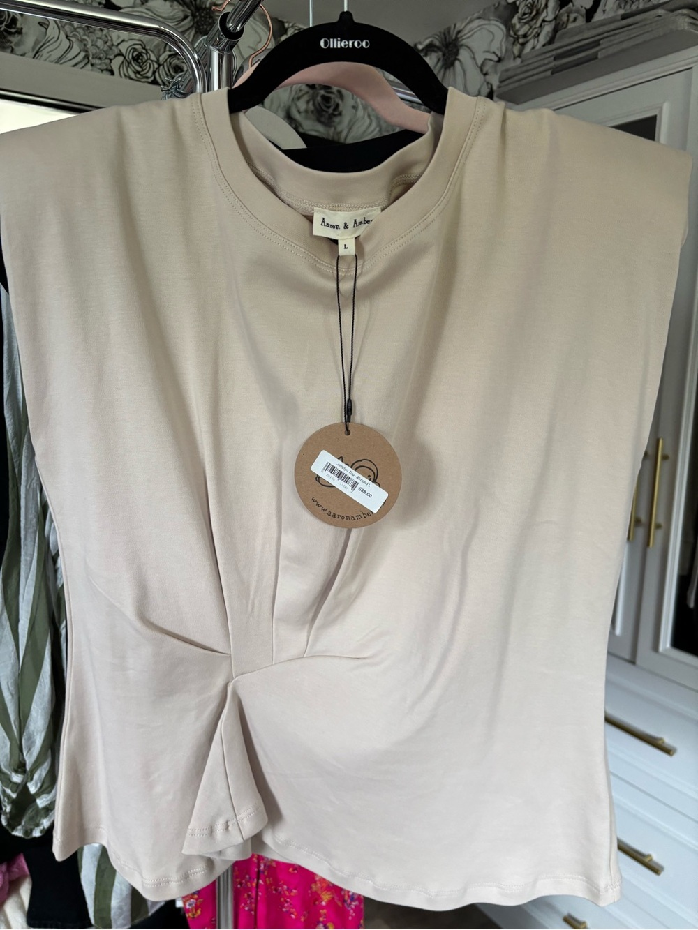 Aaron & Amber Taupe Twist-Front Structured Heavy Top With Shoulder Pads